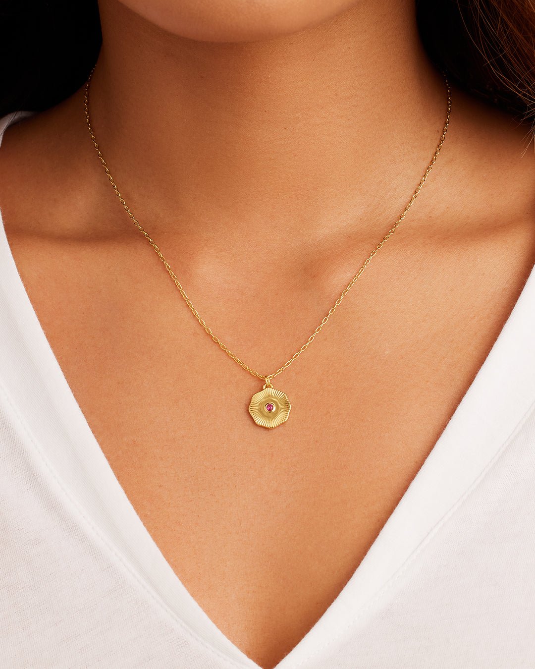 Birthstone Coin Necklace || option::18k Gold Plated, Ruby - July