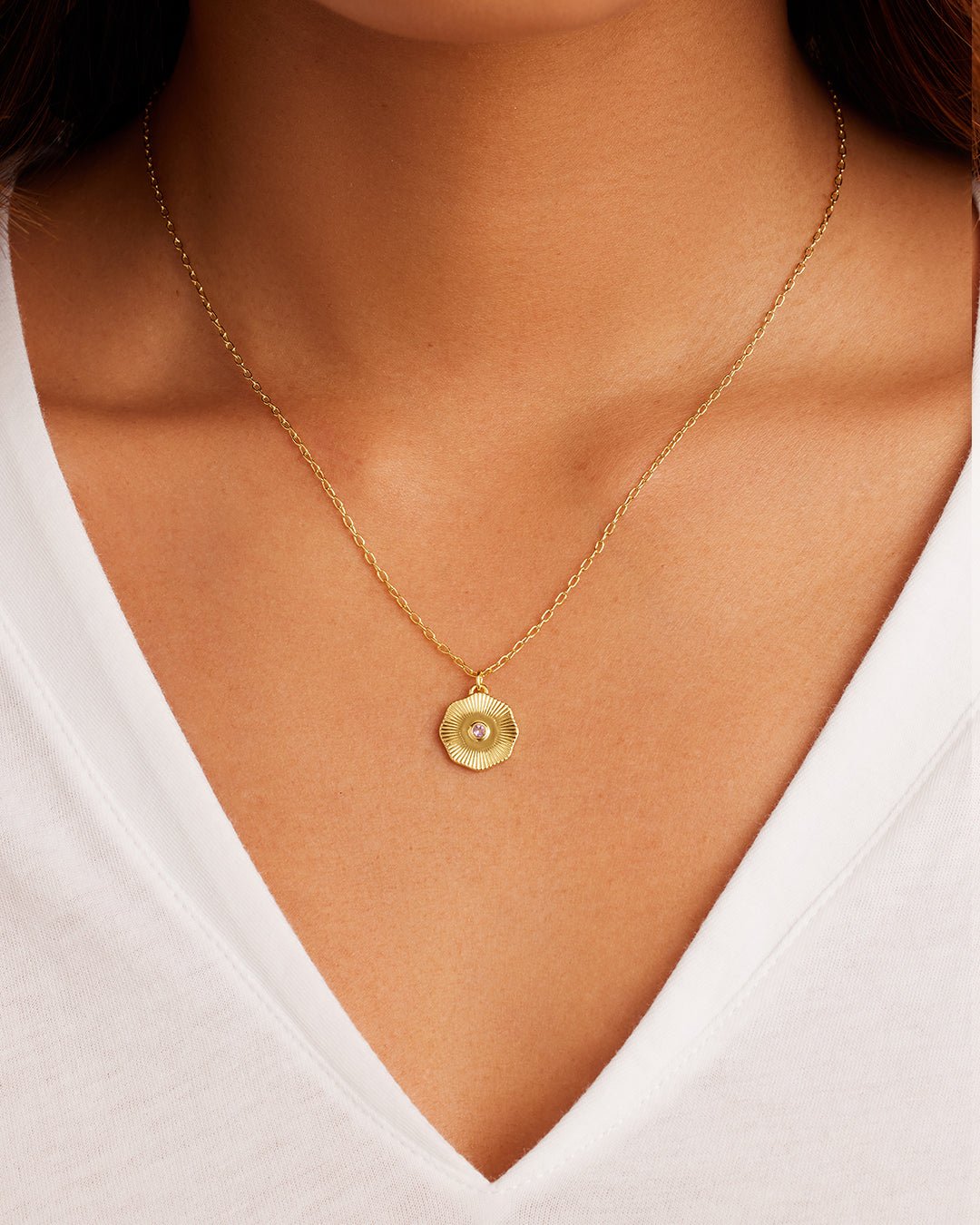 Birthstone Coin Necklace || option::18k Gold Plated, Pink Tourmaline - October