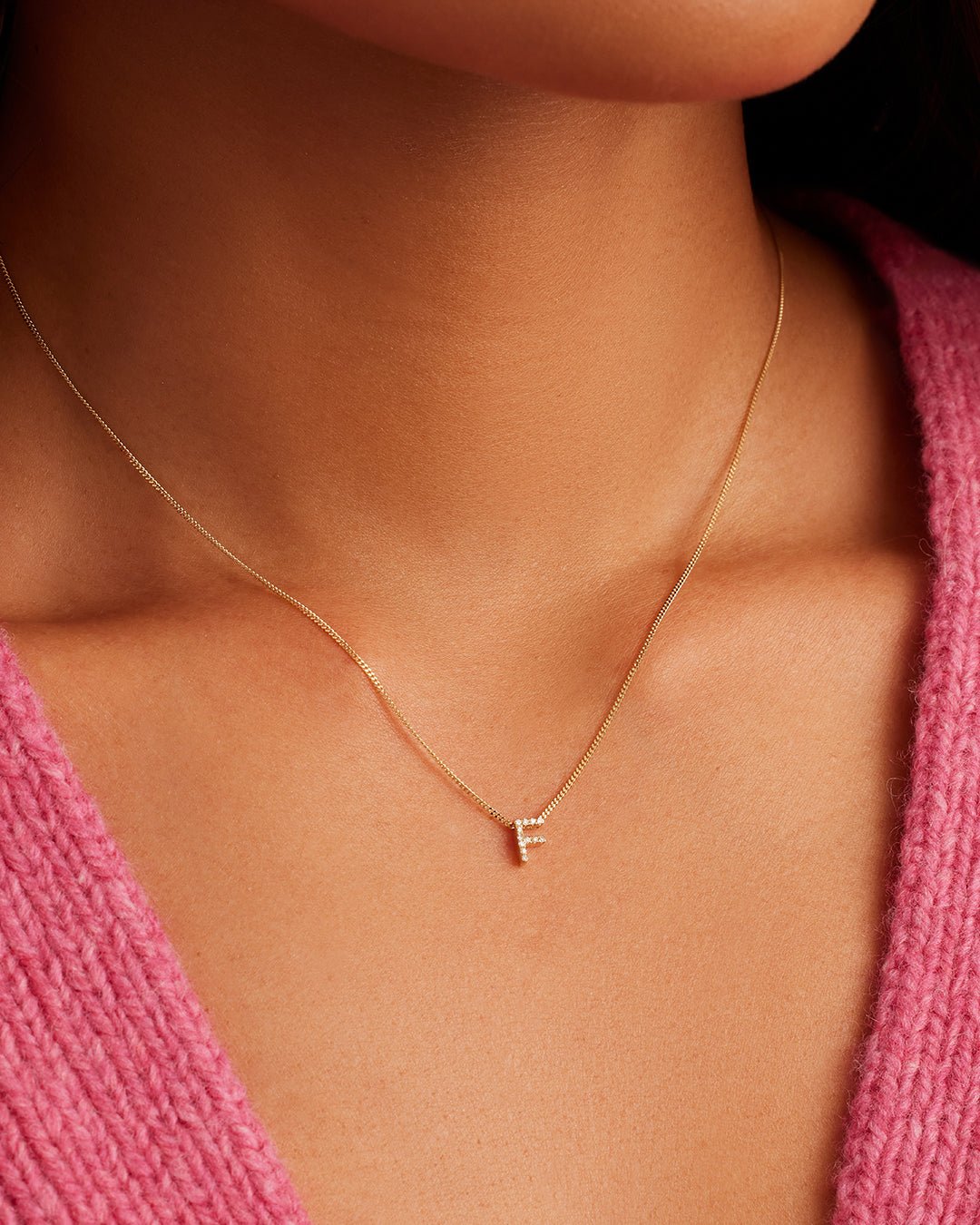 Diamond Alphabet Necklace || option::14k Solid Gold, F