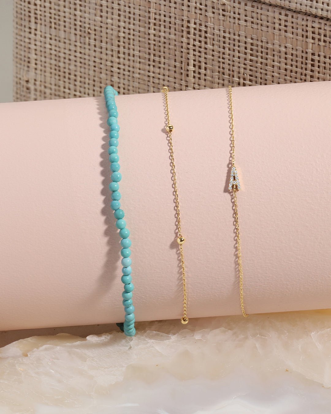 Woman wearing Mini Turquoise Bracelet || option::14k Solid Gold