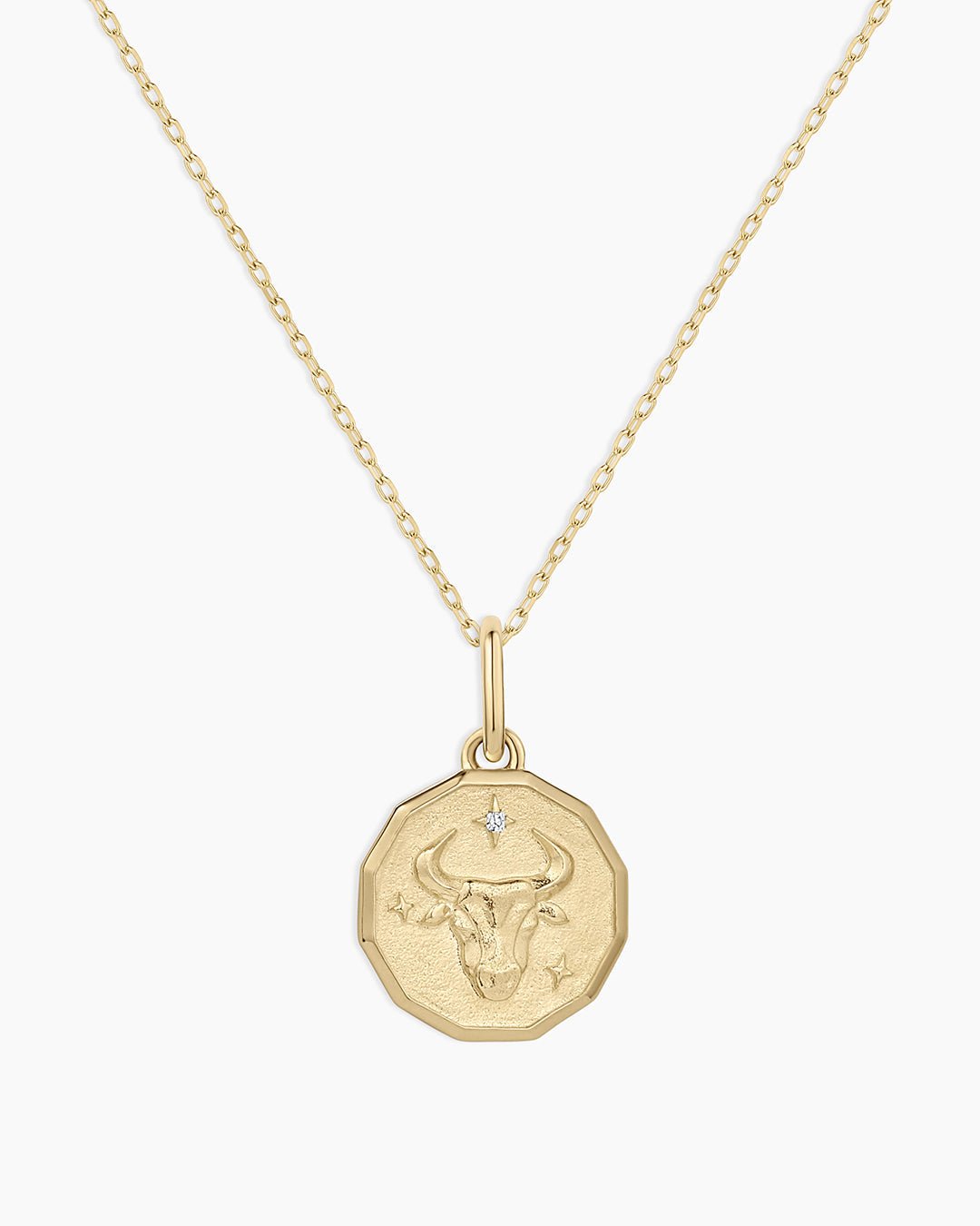 Diamond Zodiac Coin Charm Necklace || option::14k Solid Gold, Taurus