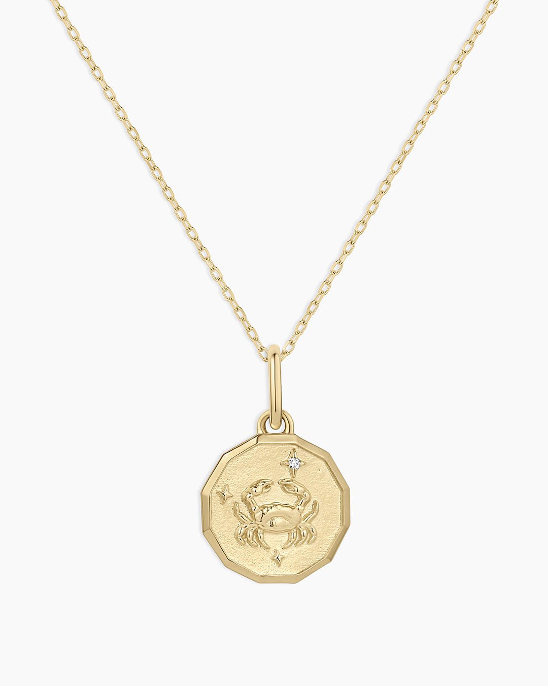 Diamond Zodiac Coin Charm Necklace || option::14k Solid Gold, Cancer