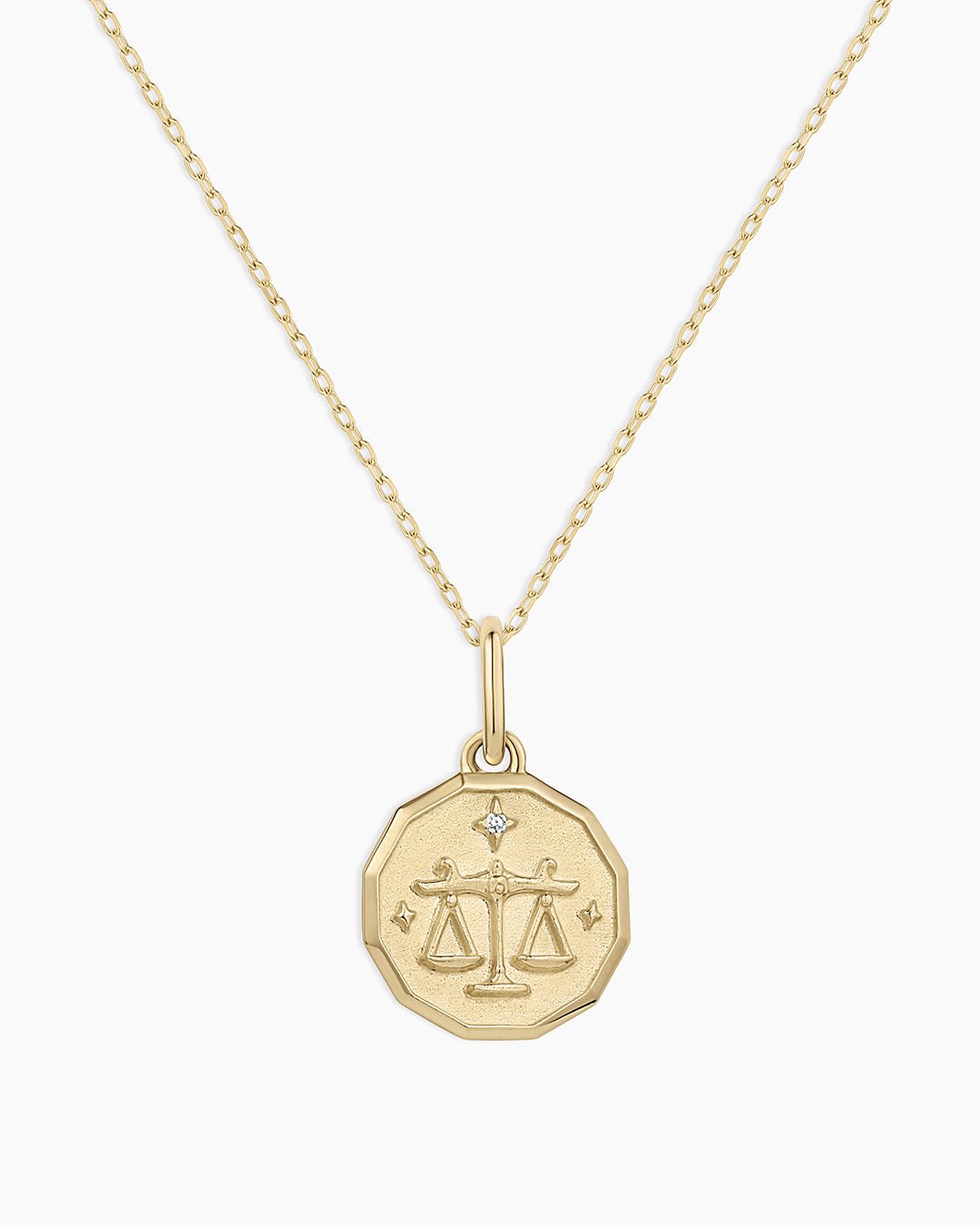 Diamond Zodiac Coin Charm Necklace || option::14k Solid Gold, Libra