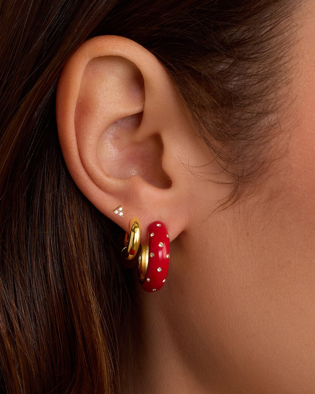 Noel Enamel Shimmer Hoops || option::18k Gold Plated, Red || set::noel-enamel-red-shimmer-hoops-stl