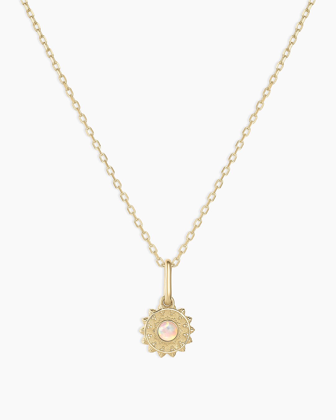 Sun Birthstone Charm Necklace || option::14k Solid Gold, Opal - October