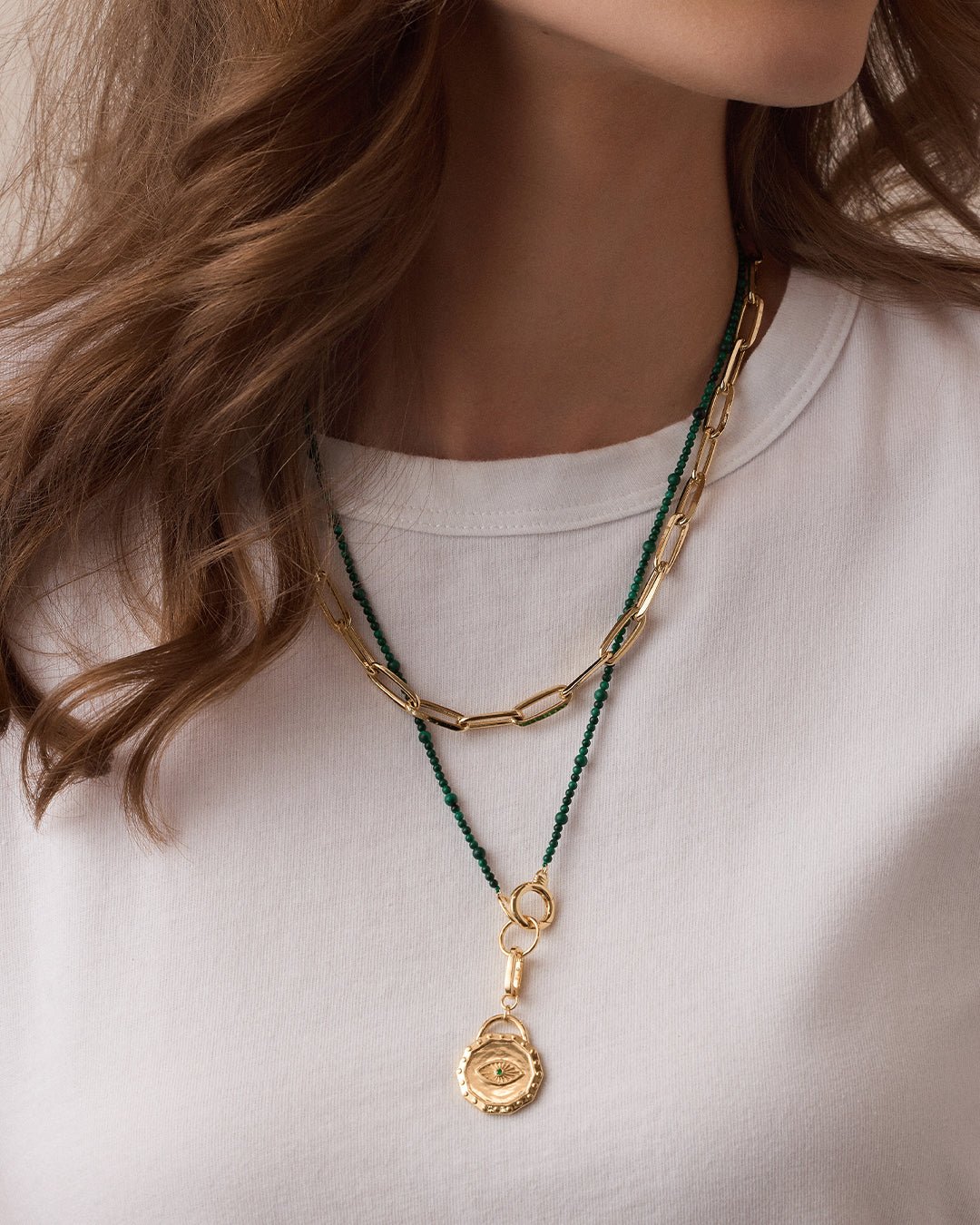 Power Gemstone Long Beaded Necklace || option::18k Gold Plated, Malachite