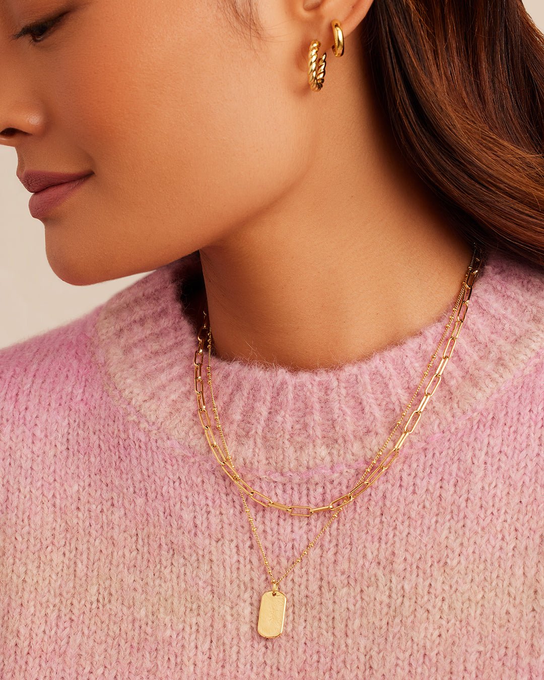 Parker Layering set,18k Gold Plated layered necklace chain link necklace and dog tag necklace set || option::18k Gold Plated